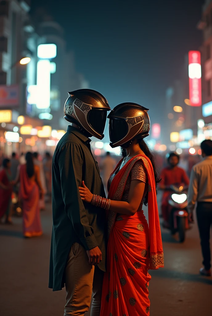 indian couples wearing with helmates at night in mumbai and people's around walking
