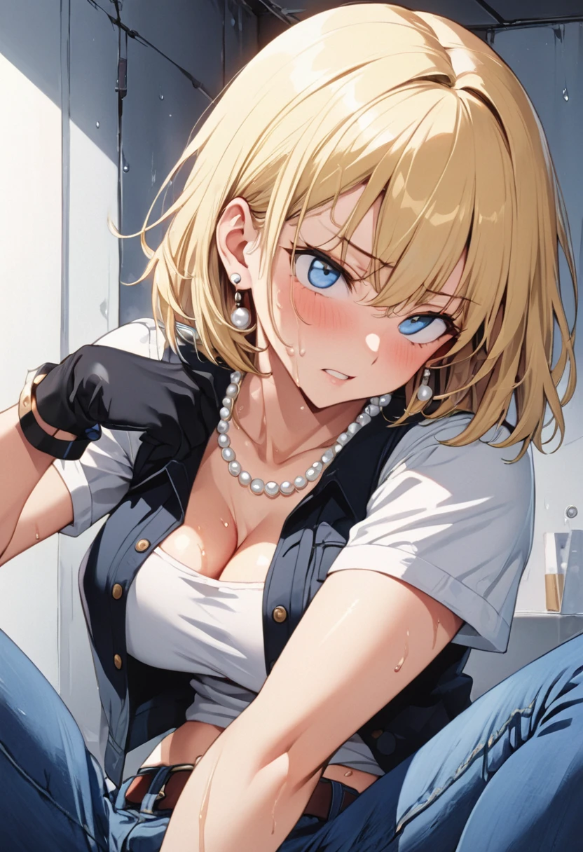 masterpiece, Highest quality, High resolution, (Artificial Human Room No. 18),1990s \(style\),(E-cup beautiful breasts)、height: 170cm,Sweating all over the body、vapor、Muscular、((sexy))、(sex),(nsfw),(M-shaped legs),Sweaty、(Breasts spilling out of clothes),独奏,Anime-style painting style, blonde hair, Blue eyes, belt, jeans, pearl_necklace, bracelet, black gloves, white shirt, short hair, short sleeves, earrings, blue short pants, open vest, black vest,middle breasts,Composition focusing on the upper body,(Cool face)、Pointed eyes,A face writhing in pleasure,Provocative pose