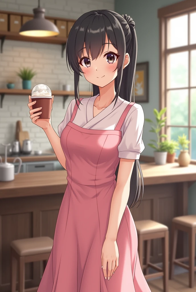 A 2 Japanese woman is standing、Pink dress、The whole body is shown、The eyes are double、Long hair combed back、Cafe
