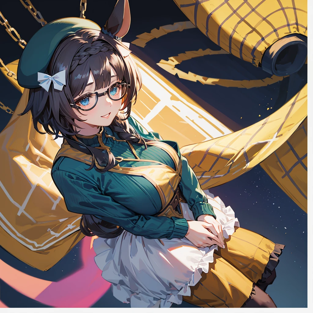 solo、Alone、１Alone。masterpiece, uhd, best quality, highres, 8k、(noline:1.5)、(flat2-dim1:1.5)、shoot from above、upper body shot。Girl with horse ears、beautiful girl、wear black glasses。Big Breasts、Light pink lip、Smile。hair ornaments、necklace。turtleneck、Green dress、sweater、Attached sleeves、Thick Yarn、Mesh pattern、knitting、Veil、Veil、beret。The body is turned diagonally to the side、Hands on hips。breeze、Starry Sky、cliff