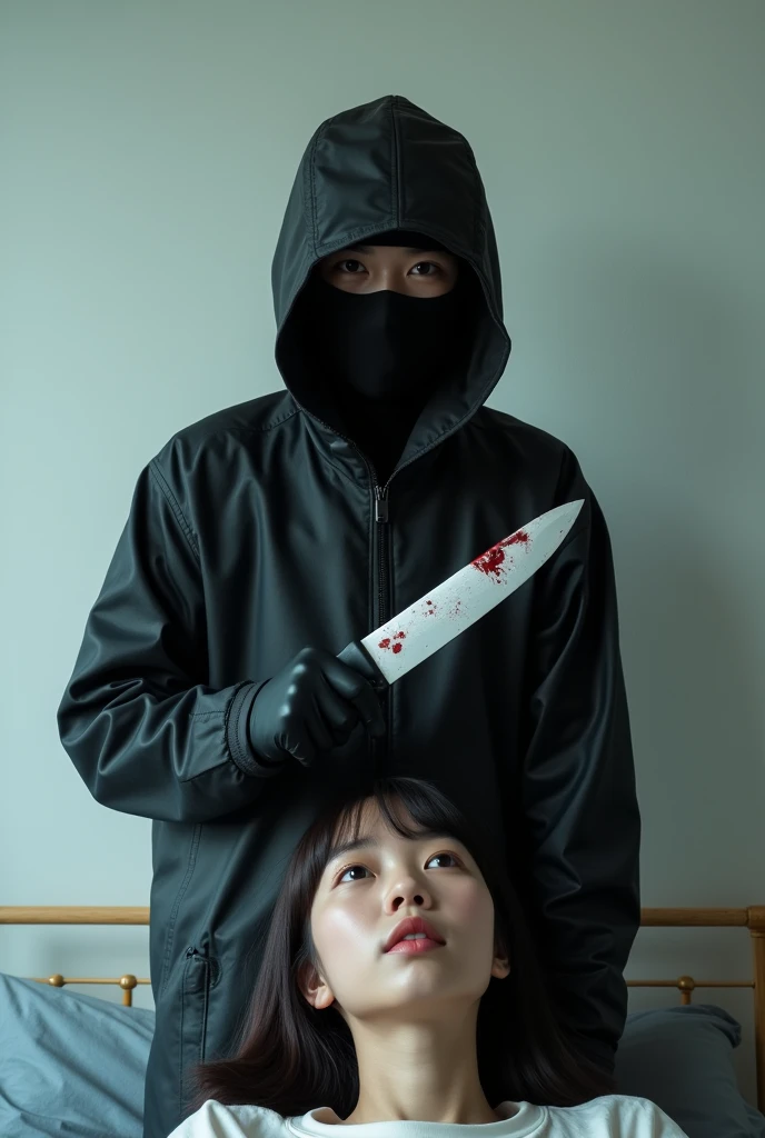 korean girl, (behind stiff, holding knife), stabbing, black balaclava mask, black gloves, white room, black raincoat, black wet suit, trucker hat, bloody knife, black gloves,, woman on top, behind cadaver, blood splatter, on the bed, girl only, looking at viewer, mass murderer, killer, blood splatter, atmospheric realistic, light from the window,