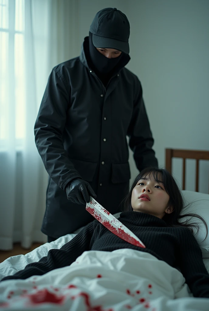 korean girl, (behind stiff, holding knife), stabbing, black balaclava mask, black gloves, white room, black raincoat, black wet suit, trucker hat, bloody knife, black gloves,, woman on top, behind cadaver, blood splatter, on the bed, girl only, looking at viewer, mass murderer, killer, blood splatter, atmospheric realistic, light from the window,
