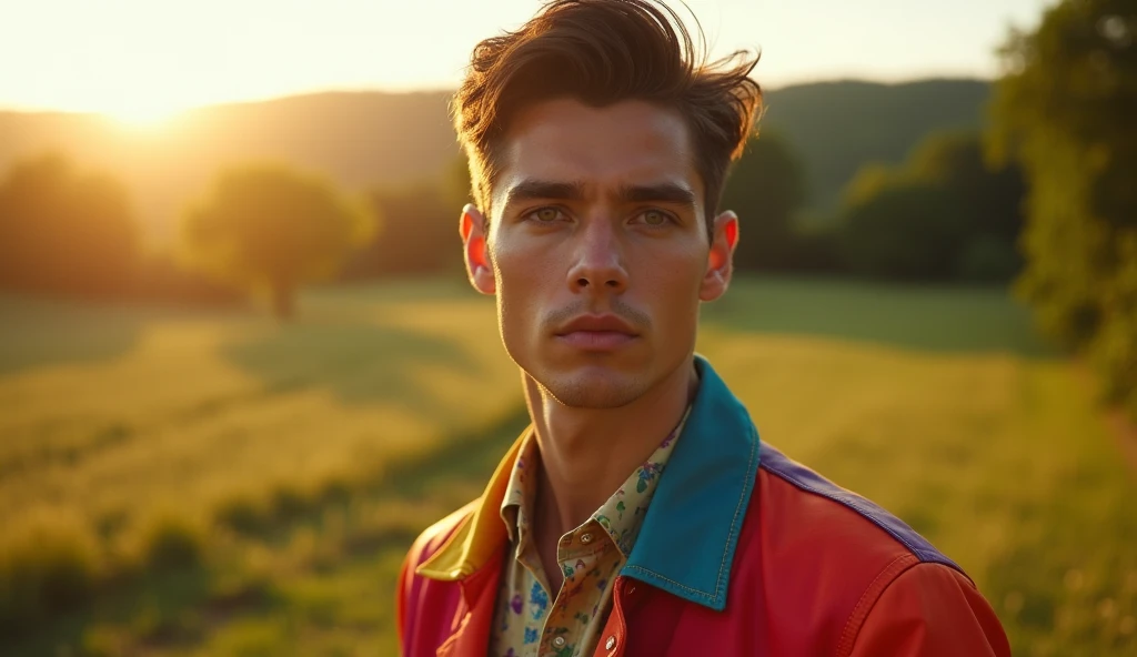 Portrait photo of a handsome young man, wearing a vivid multicolored coat, looking proud and slightly arrogant, three-quarter body pose, in a sun-drenched pastoral setting, golden hour lighting, shot from a slight low angle, captured on a Leica M10 with a 35mm Summilux lens, in style of Rembrandt
