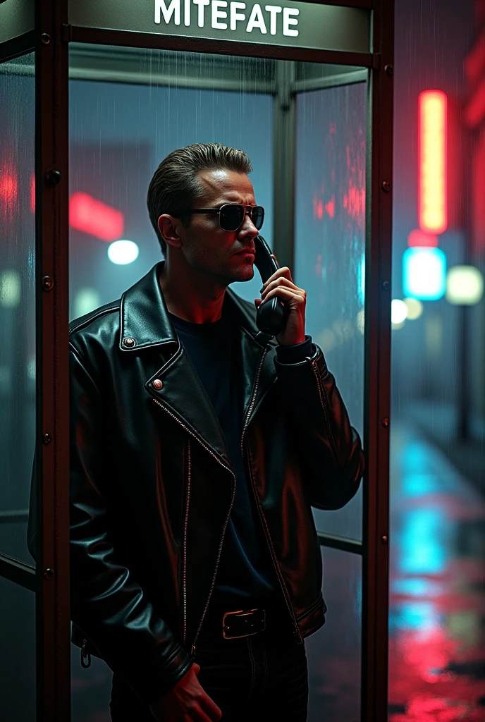 Here’s a prompt for creating that image:
"A highly realistic, ultra-detailed scene set in the 1980s, featuring a Terminator (with a menacing, emotionless expression) making a phone call. The Terminator, clad in a leather jacket and dark sunglasses, holds an old rotary phone to his ear as he stands in a dimly lit, gritty phone booth. The booth is in a desolate urban area with neon lights reflecting off the rain-soaked streets. In the background, there’s a faint glow of a flickering neon sign. The scene captures the tension of the moment as the Terminator contacts Sarah Connor."
