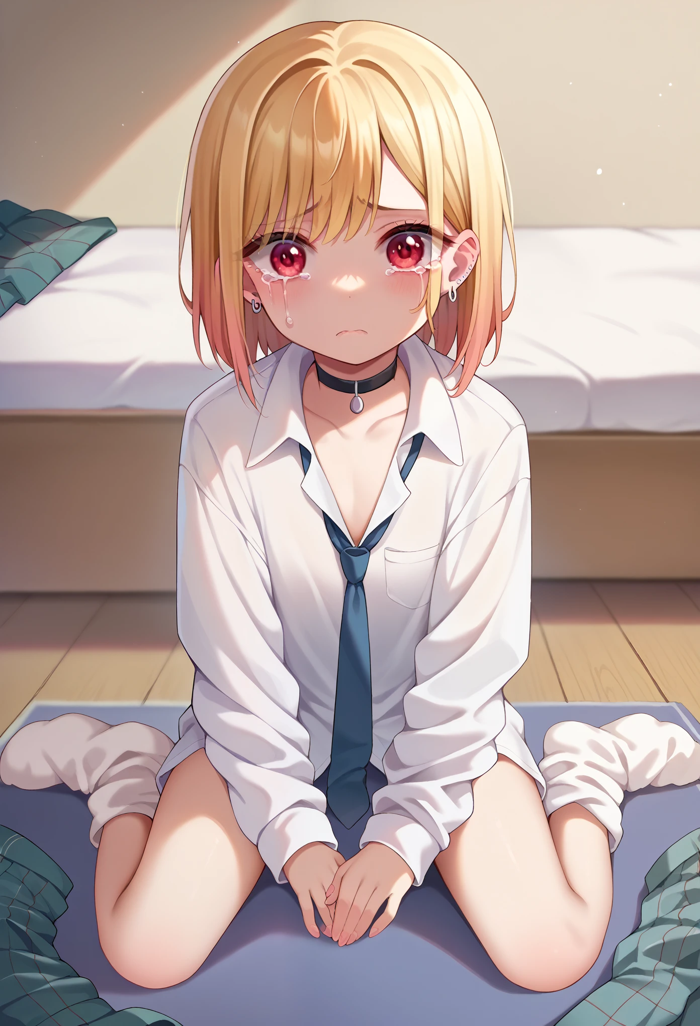 score_9, score_8_up, score_7_up, score_6_up, (****), kid, flat chest, nirampnxl, kitagawa marin, 1girl, solo, blonde hair, red eyes, short, hair, necktie, school uniform, bare legs, white socks, loose socks, black choker, earrings, white collared shirt, long sleeves,  unbouttoned shirt, sitting on ground, nervous, sad, sobing, crying, looking at you, bedroom, AgeRegression, Oversized Clothes