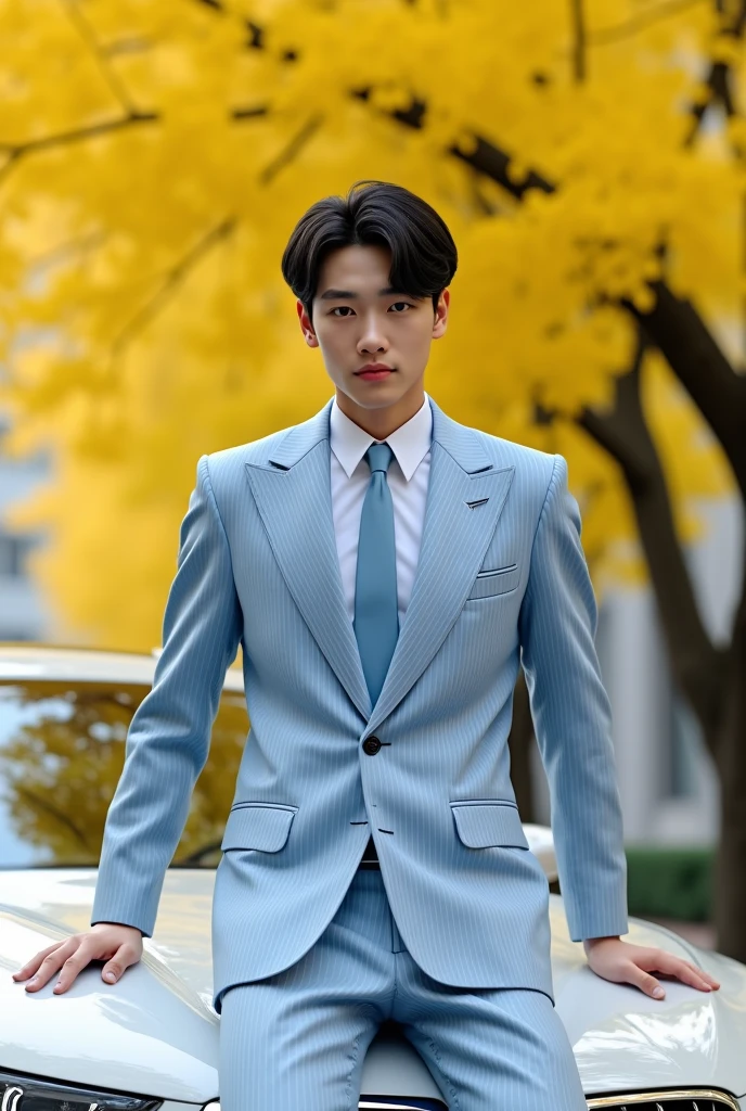 (One wearing a full light blue striped suit、White shirt、tie、Japanese man about 180cm tall)、best quality、masterpiece、Ultra-high resolution、(Photo realism:1.4)、original photo、(One wearing a full light blue striped suit on the street、White shirt、A young, handsome Japanese man in a tie、Standing under the ginkgo tree、Yellow and big ginkgo leaves、Clear details of leaves)、(There is a white BMW840I next to the man、Man&#39;s hands on car roof) shadow、Octane Rendering、8k、super sharp、real light、(There is only one white BMW on the street、man&#39;s shining eyes、looking in the direction of the camera)、super high quality、High target、gentleman、very beautiful hair、Bright photos、The man is as handsome as a model and as handsome as an idol,Professional profile photo, Professional portraits、Realistic portraits, Detailed color portrait, Idol portrait, high quality photos.