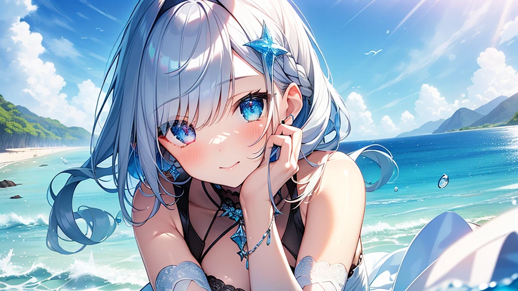 Best quality、Photorealistic、Ultra-detailed、delicate、Orderly、High Detail、Bluish Silver Short Bob、(Drooping heterochromia iris,glowing eyes、Sparkling Eyes:1.3)、Slender、(One girl:1.2)、(Super detailed, masterpiece, 8k, Angelic, 1 girl, Focus on the girl, dress, Wave, blue Ocean, Clear Color, bright, Ocean, transparent:1.3)、Ambient Occlusion、Ambient Light、Ray-traced Reflections、Glow、Shiny Hair、