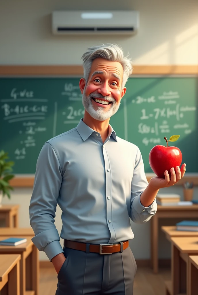 Smiling math teacher with an apple in his hand