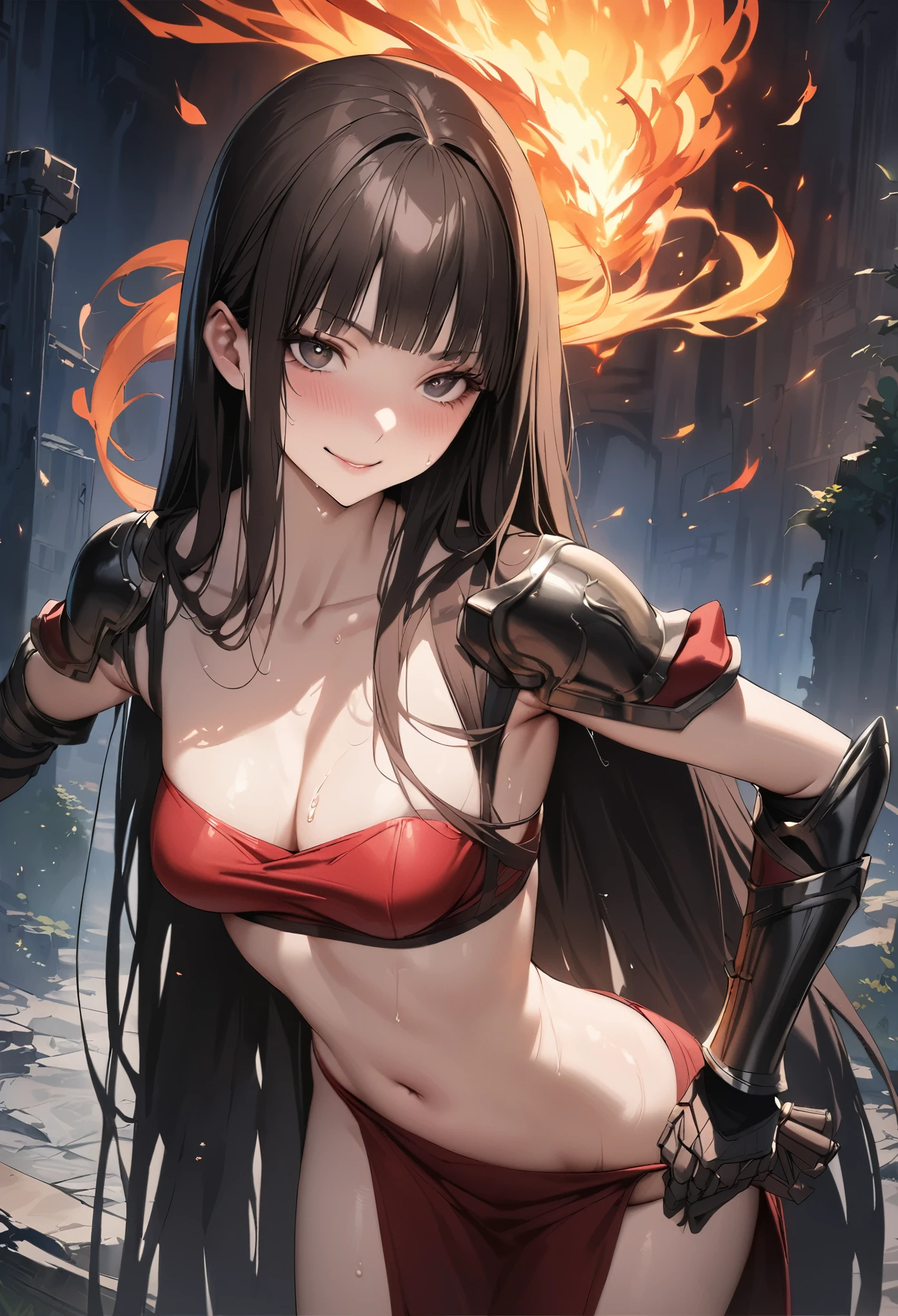 Fantasy art、((masterpiece,best quality anime,Highest quality:1.3)),realistic,portrait,1woman,(Mature Beauty),((very small head:1.4)),((very long body:1.3)),long hair,black hair,bangs,(gorgeous big eyes),black eyes,smirk,((slender body:1.3,skinny)),medium breasts,(mage dress,Red tube top shirt、navel、red loincloth、Leather Gauntlets),Controlling Fire、sweat,standing、Old ruins、at night、A world of magic and fantasy、