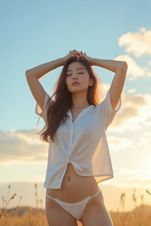 46 10:16 p.m.
A young korean woman with long hair and a casual shirt stands outdoors on a sunny day, her arms raised to the sky as she stretches her body. The warm sunlight casts a gentle glow, highlighting the subtle curve of her navel and the outline of her underwear beneath the shirt. Clouds drift lazily across the blue sky above.