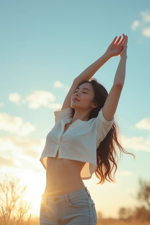 46 10:16 p.m.
A young korean woman with long hair and a casual shirt stands outdoors on a sunny day, her arms raised to the sky as she stretches her body. The warm sunlight casts a gentle glow, highlighting the subtle curve of her navel and the outline of her underwear beneath the shirt. Clouds drift lazily across the blue sky above.