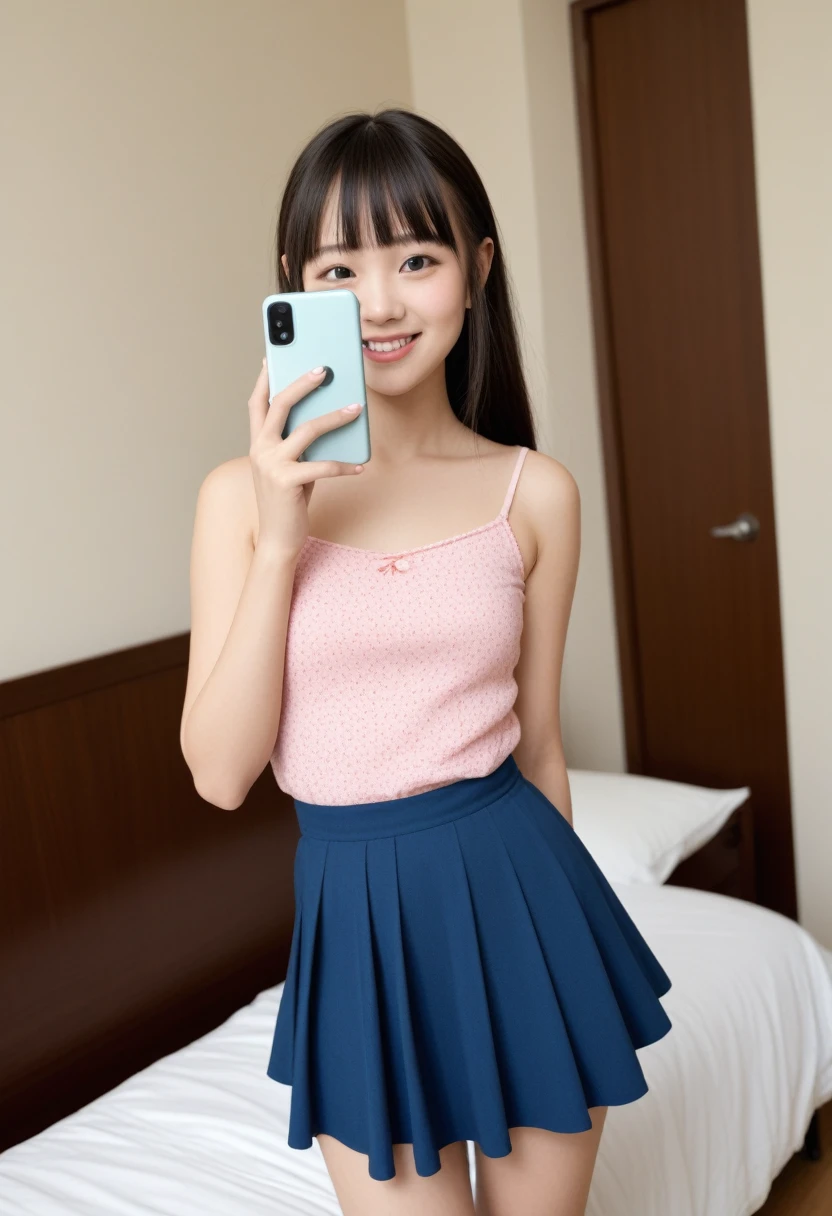 (Masterpiece, BestQuality:1.2), (hyperrealistic:1.1), (8k,Photorealistic), (superrealistic:1.4),little-girl taking a selfie,japanese,teen,ponytail hair,camisole,((skirt-lift and shows her panties)),(visible panties),(she takes pleasure in showing her panties),(she is holding a smartphone in one hand and taking a selfie), She is smiling brightly and posing happily,The background is the girl's room.BREAK (beautiful detailed teeth, eyes with large brown irises, blunt bangs,small mouth, fresh lips,nose blush),shiny skin,