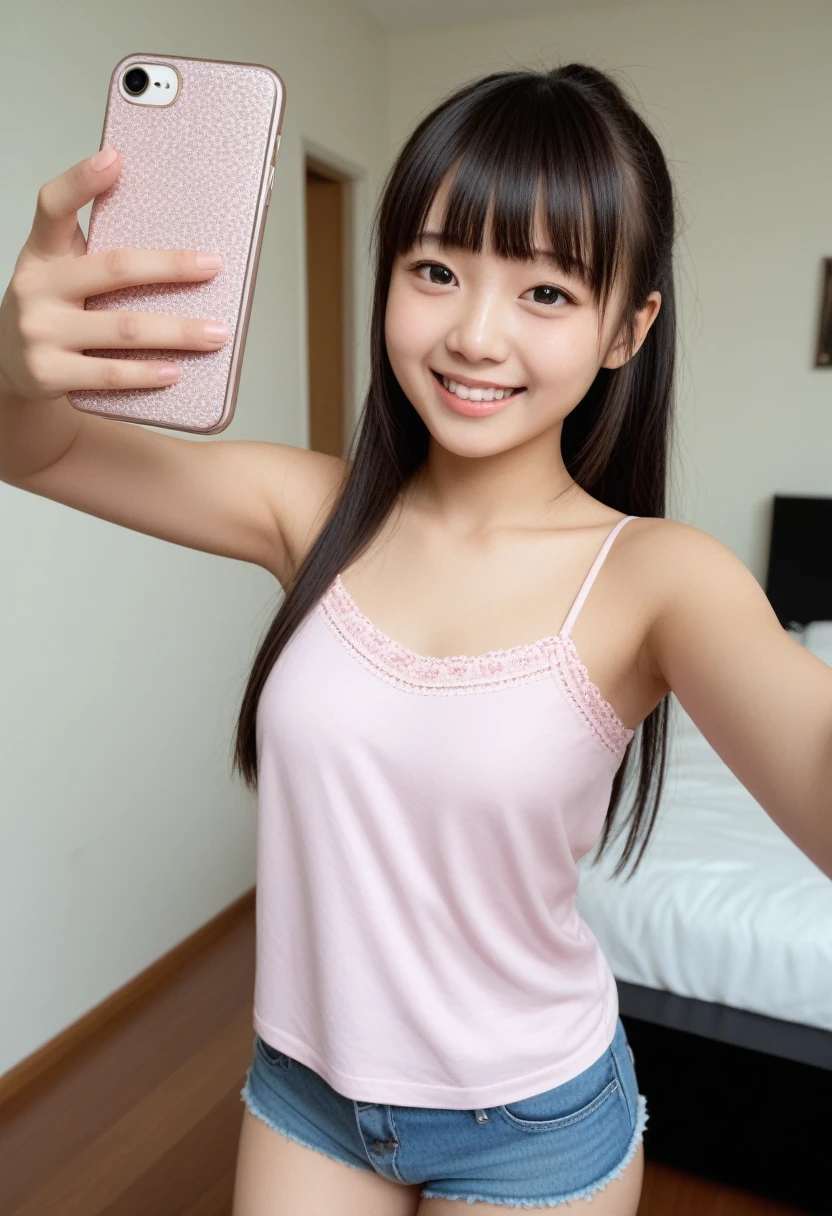 (Masterpiece, BestQuality:1.2), (hyperrealistic:1.1), (8k,Photorealistic), (superrealistic:1.4),-girl taking a selfie,japanese,teen,ponytail hair,camisole,((skirt-lift and shows her panties)),(visible panties),(she takes pleasure in showing her panties),(she is holding a smartphone in one hand and taking a selfie), She is smiling brightly and posing happily,The background is the girl's room.BREAK (beautiful detailed teeth, eyes with large brown irises, blunt bangs,small mouth, fresh lips,nose blush),shiny skin,