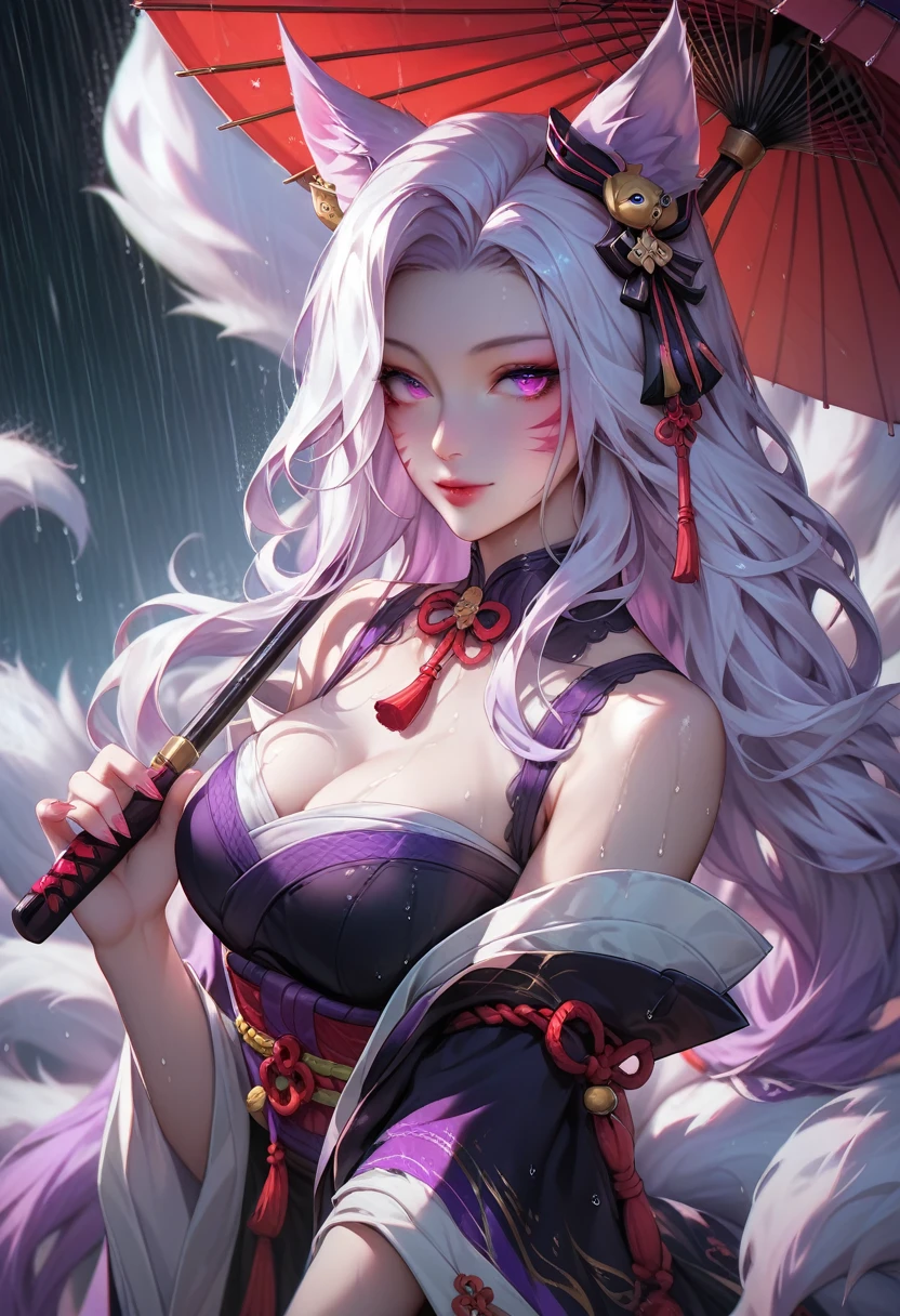 a girl, standing, holding a umbrella, rain, lookup the sky
Close-up of a woman in a purple dress, ahri, Onmyoji detailed art, seraphine ahri kda, onmyoji portrait, portrait of ahri, official character art, full-body xianxia, Extremely detailed Artgerm, Kushatt Krenz Key Art Women, onmyoji,The woman has a pair of large ears，sexy women，The woman looked sideways at the audience
