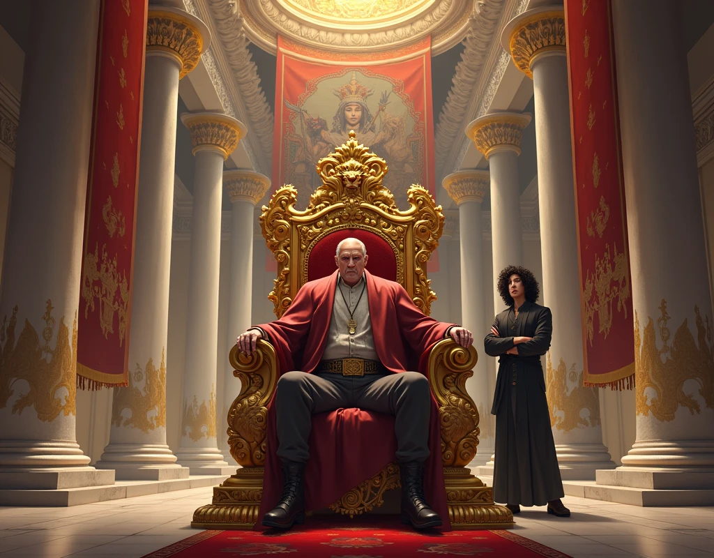 Make me a huge hall of a kingdom, with marble pillars supporting the high ceiling decorated with tapestries depicting ancient battles. On the golden throne, carved with minute details of dragons and lions, was the King, A middle-aged man with a serious expression, but fair. Next to you, your advisor with curly black hair