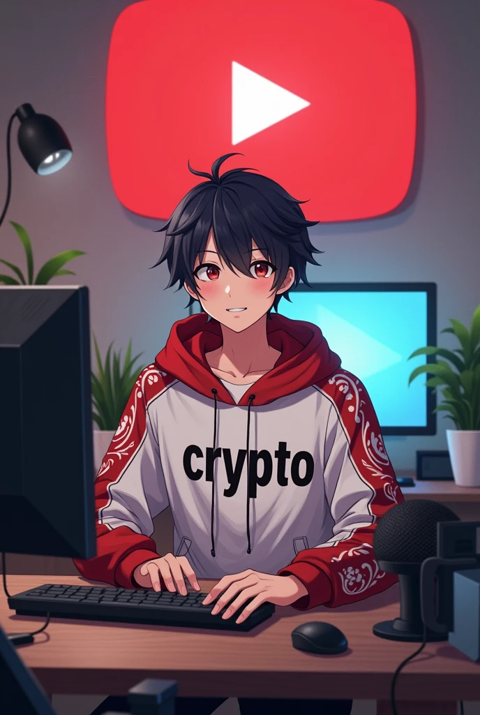 Create a image of "A 18 years anime boy sitting in front of a computer desk with a microphone and laptop, wearing white  and red hoodie with the Channel Name on it "CRYPTO". The background includes a large YouTube logo on the wall, potted plants on either side, and various recording equipment."