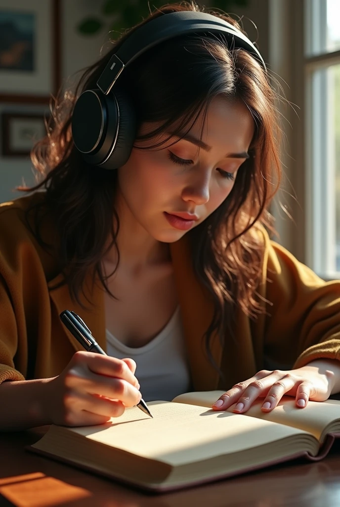 A woman wearing headphones writing a diary
