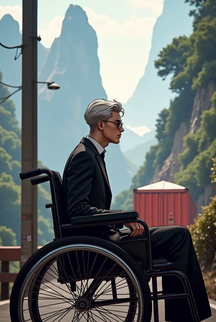 Japanese beautiful comics,Background mountain road,A red container truck,Handsome male protagonist,White short hair,Black suit,Gold glasses,Sitting in a wheelchair,Camera distance 30 meters,There is a truck and a male protagonist in the picture