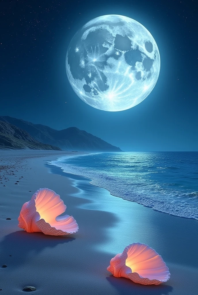 Imagine a beach of fine sand, but this sand is sparkling white, almost phosphorescent under the silvery light of a gigantic and close moon. The sea, of a deep blue, is so calm that it looks like a mirror, perfectly reflecting the starry sky. Gentle waves gently wash ashore, where huge colorful shells rest, emitting a soft marine melody that soothes the soul.