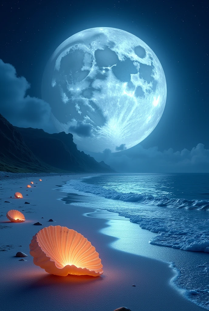 Imagine a beach of fine sand, but this sand is sparkling white, almost phosphorescent under the silvery light of a gigantic and close moon. The sea, of a deep blue, is so calm that it looks like a mirror, perfectly reflecting the starry sky. Gentle waves gently wash ashore, where huge colorful shells rest, emitting a soft marine melody that soothes the soul.
