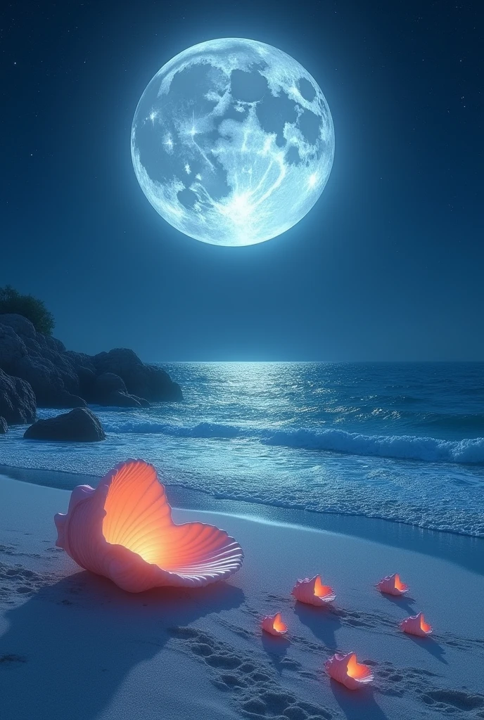Imagine a beach of fine sand, but this sand is sparkling white, almost phosphorescent under the silvery light of a gigantic and close moon. The sea, of a deep blue, is so calm that it looks like a mirror, perfectly reflecting the starry sky. Gentle waves gently wash ashore, where huge colorful shells rest, emitting a soft marine melody that soothes the soul.