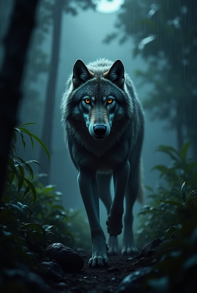 Lone wulf in rain forest at night 
