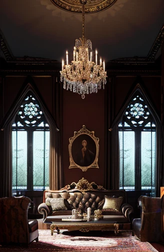 Gothic architecture, living room, table, sofa, fireplace, mantelpiece, roses, tea set, chandelier, dark atmosphere, curtains, all carpets, cross, candles, large room