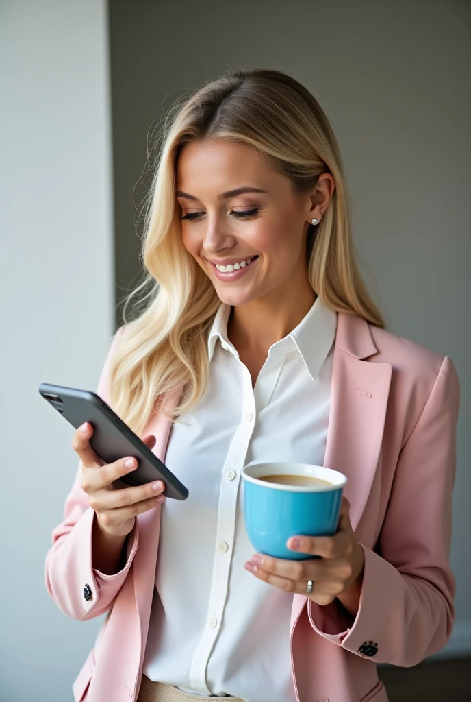 photo of blonde woman, wearing a white blouse and pink jacket, she is holding cell phone in her left hand, in the right hand a blue cup. She is smiling and looking at the cell phone screen.