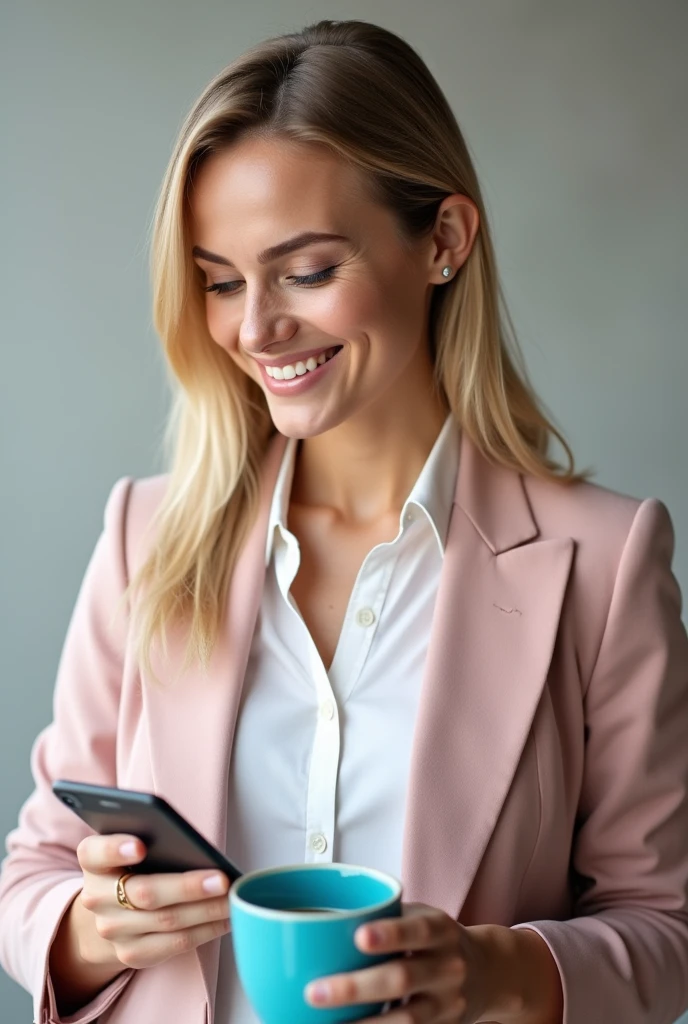 photo of blonde woman, wearing a white blouse and pink jacket, she is holding cell phone in her left hand, in the right hand a blue cup. She is smiling and looking at the cell phone screen.
