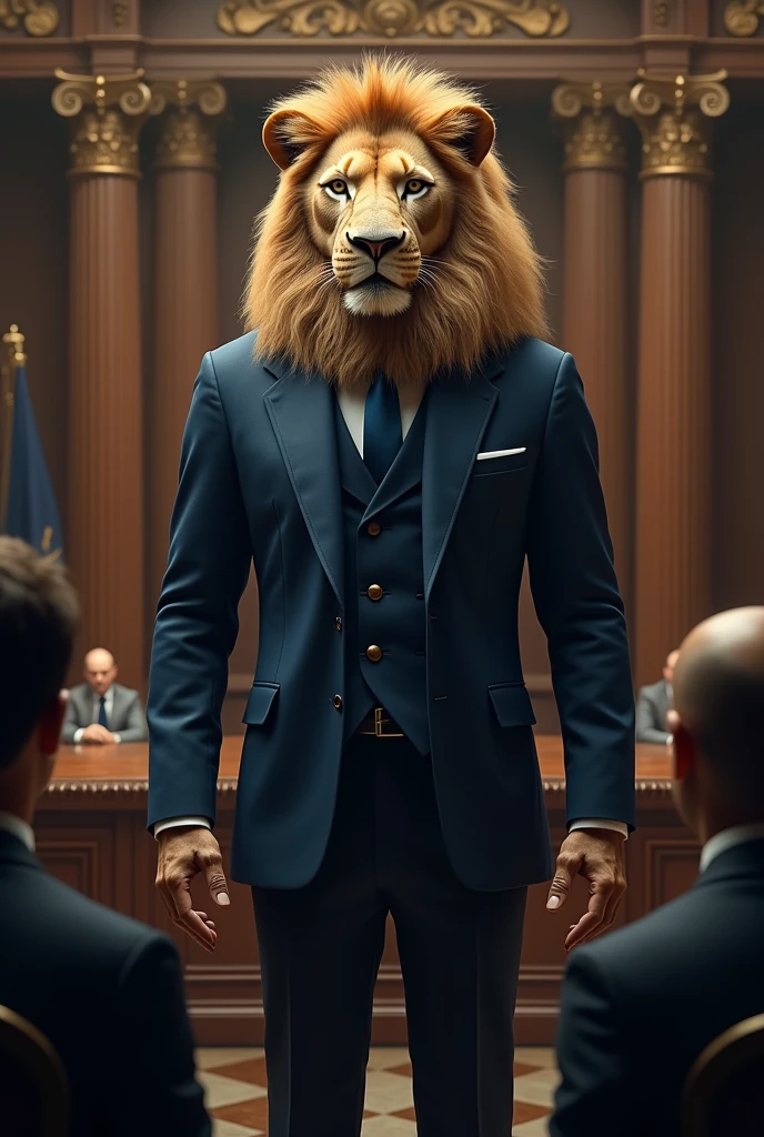 A scene that lion with nevy blue classic suit has a control over people