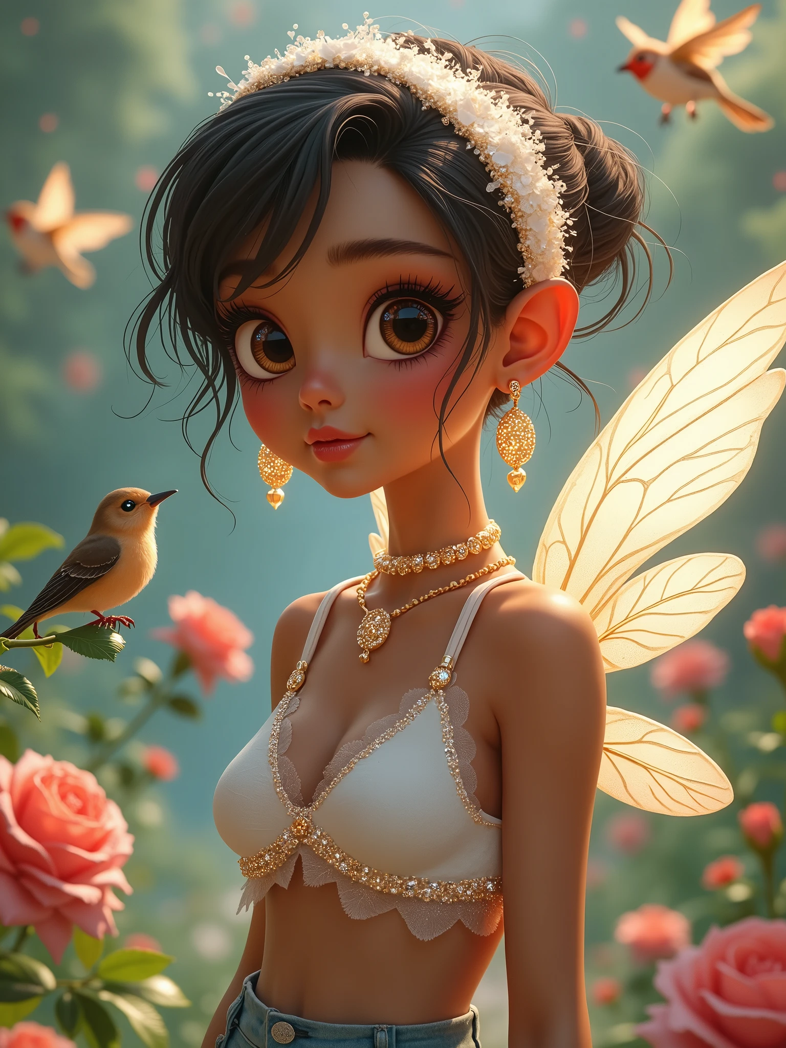 Pretty brown skin fairy, with her bird, wearing beautiful fashionable casual clothes, white headband, sparkling make up, beautiful sparkling earrings, 🌹, sparkling jewelries, sparkling pictures, fantasy, real cartoon 3D, surrounded by beautiful birds