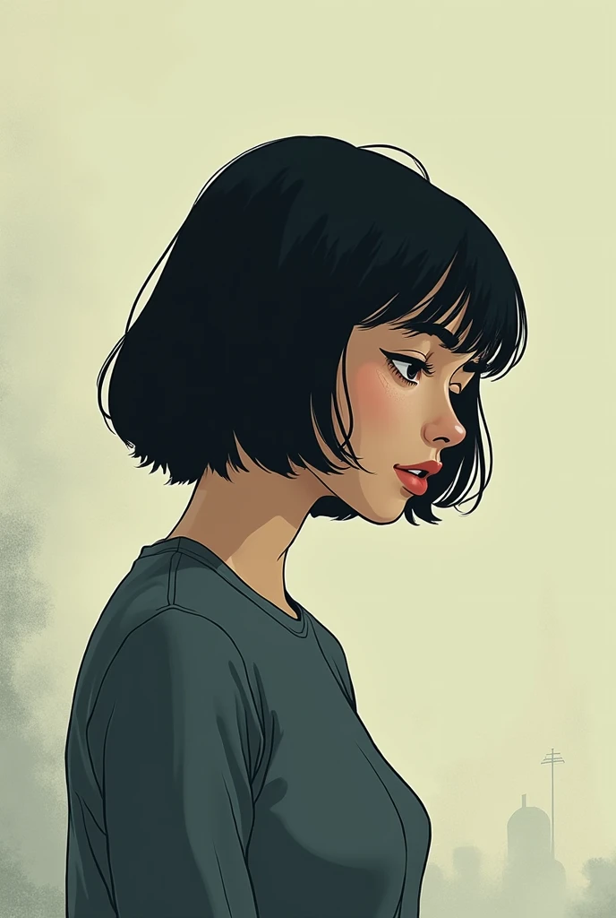 A women with short black bob hair, alone without sad, looking at someone while sadly smile in comic
