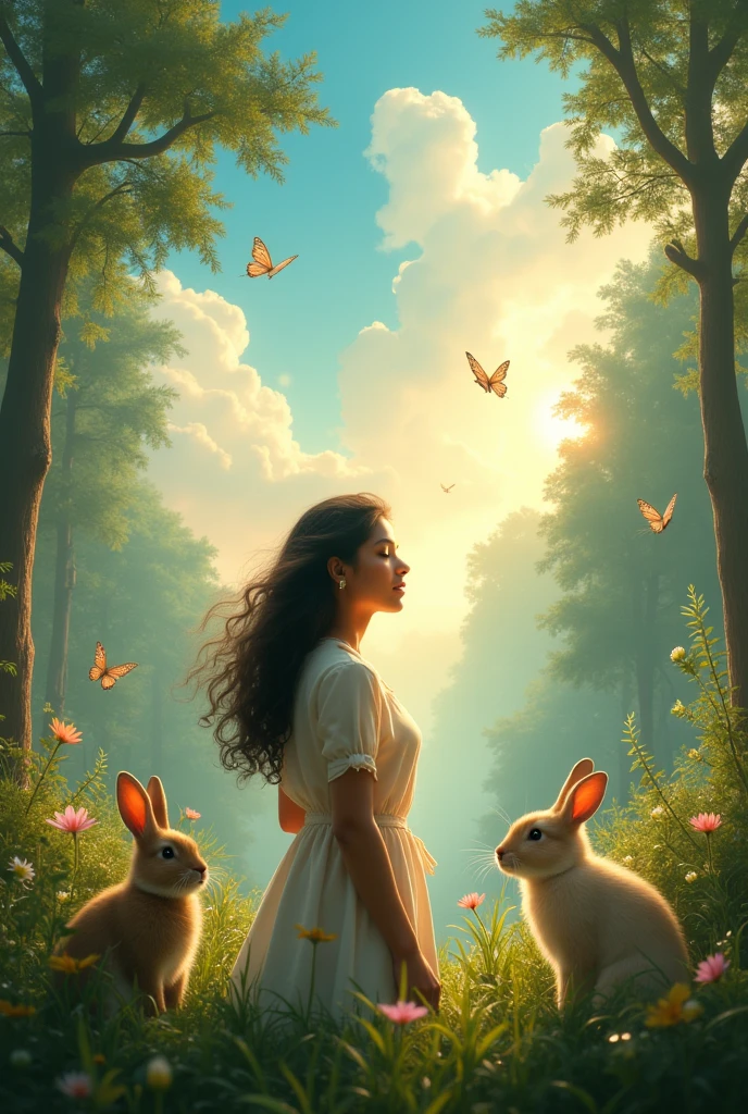 Background beautiful forest and beautiful sky and butterfly and rabbits front Anupama parameswaran