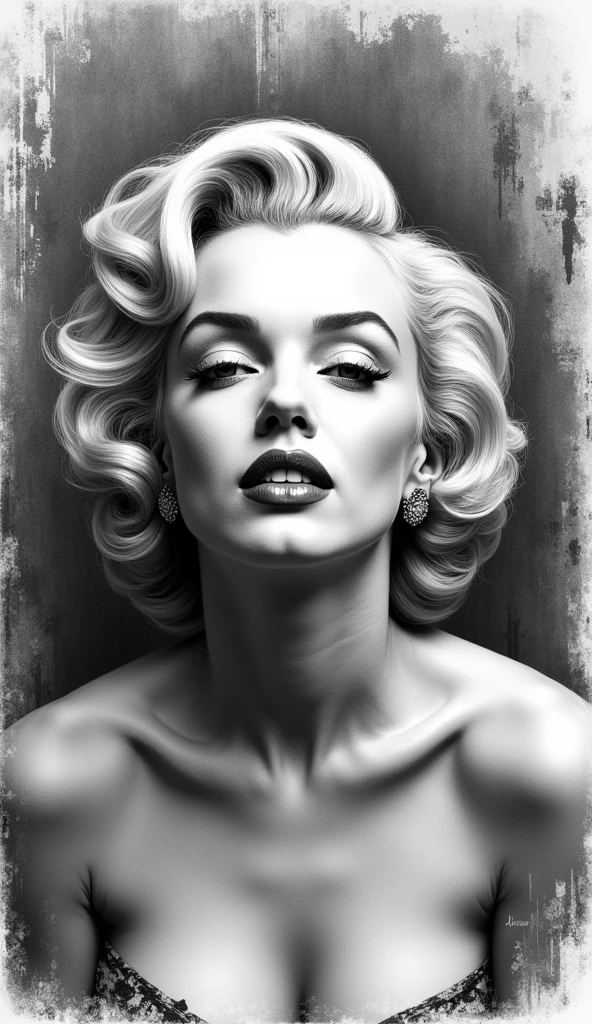 Edgy pencil drawing of Marilyn Monroe background with grunge elements, oil spotsundefined, undefined, undefined,