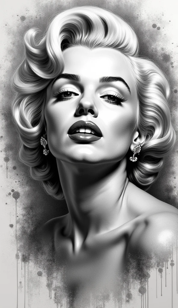 Edgy pencil drawing of Marilyn Monroe background with grunge elements, oil spotsundefined, undefined, undefined, 