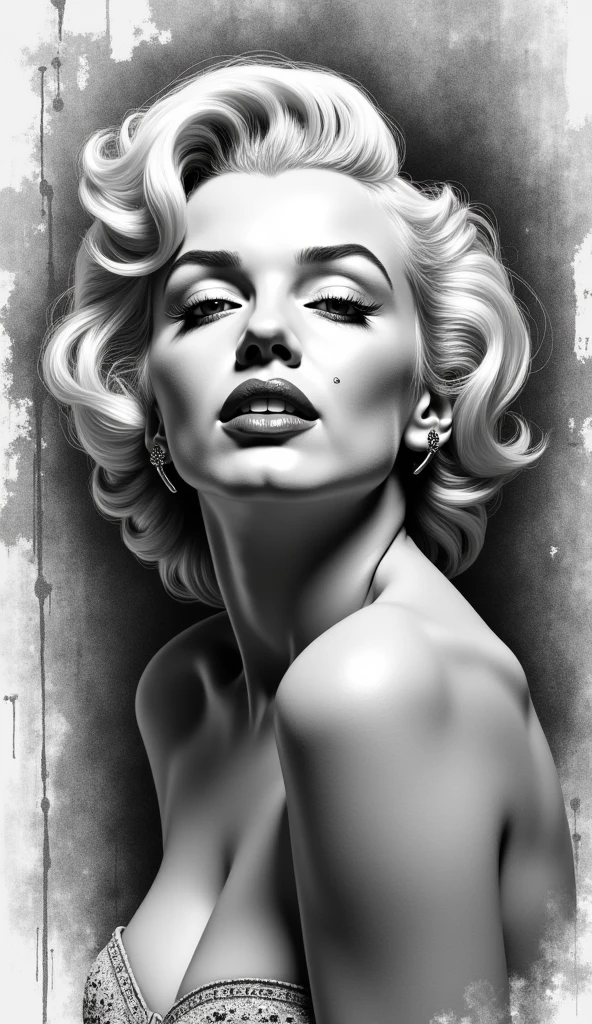 Edgy pencil drawing of Marilyn Monroe background with grunge elements, oil spotsundefined, undefined, undefined, 