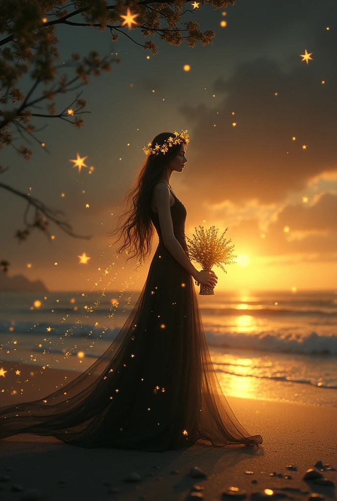 A beautiful lady shadow standing on the sunset sea beach, wearing star dress and a floral star crown in her head, holding a star light golden flower basket in her hand, dramatic illusion of light in the nature, stars falling from the sky, black and golden theme nature 