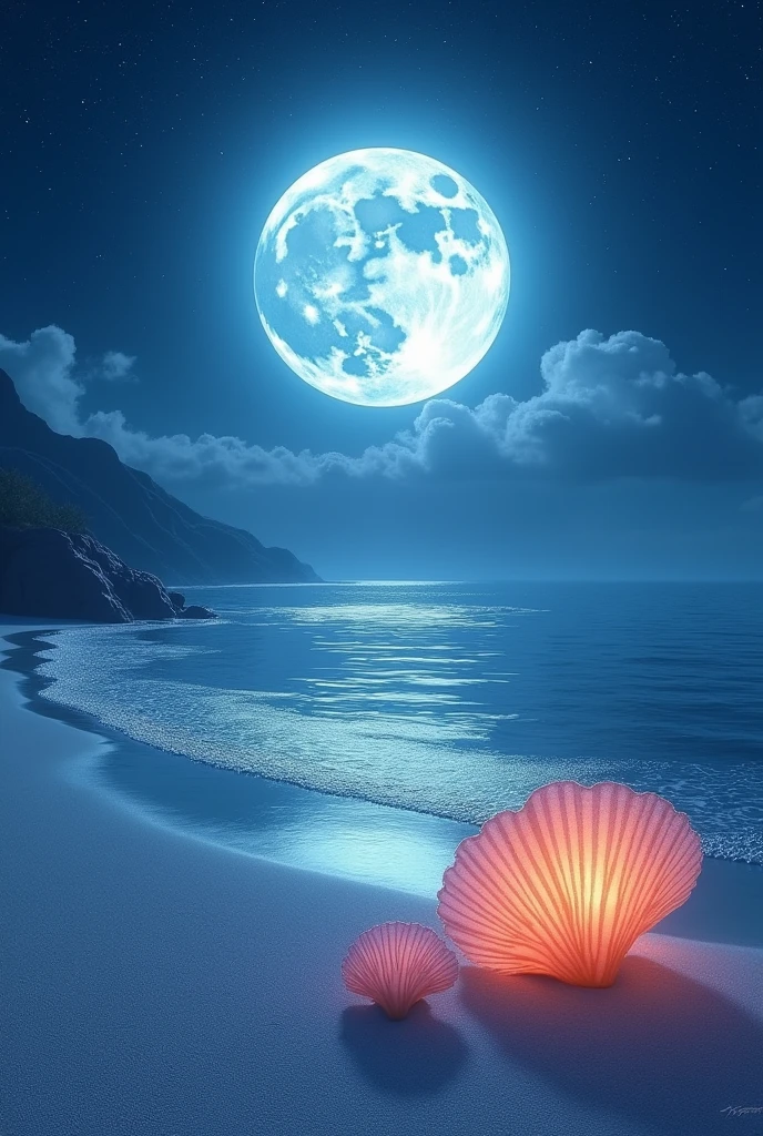 Imagine a beach of fine sand, but this sand is sparkling white, almost phosphorescent under the silvery light of a gigantic and close moon. The sea, of a deep blue, is so calm that it looks like a mirror, perfectly reflecting the starry sky. Gentle waves gently wash ashore, where huge colorful shells rest, emitting a soft marine melody that soothes the soul.