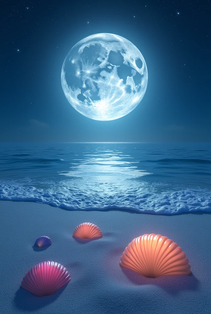 Imagine a beach of fine sand, but this sand is sparkling white, almost phosphorescent under the silvery light of a gigantic and close moon. The sea, of a deep blue, is so calm that it looks like a mirror, perfectly reflecting the starry sky. Gentle waves gently wash ashore, where huge colorful shells rest, emitting a soft marine melody that soothes the soul.
