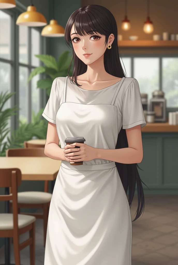 A 2 Japanese woman is standing、White dress、The whole body is shown、The eyes are double、Long hair combed back、Cafe