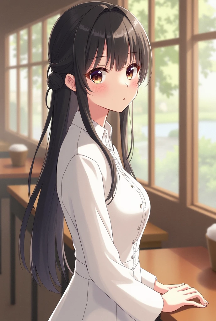 A 2 Japanese woman is standing、White dress、The whole body is shown、The eyes are double、Long hair combed back、Cafe