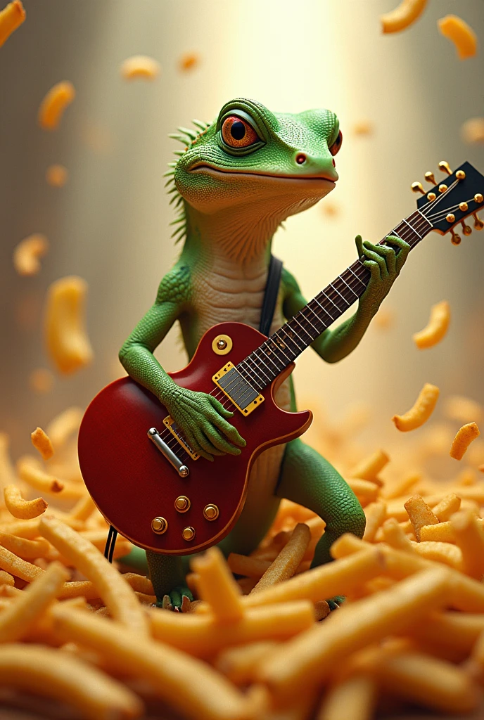 A lizard playing a guitar and French fries at your disposal 