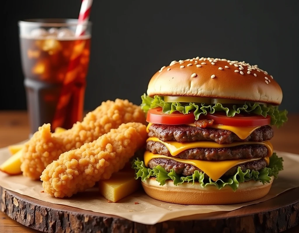 Double burger, two pieces of Broaster chicken, portion of potatoes and cola