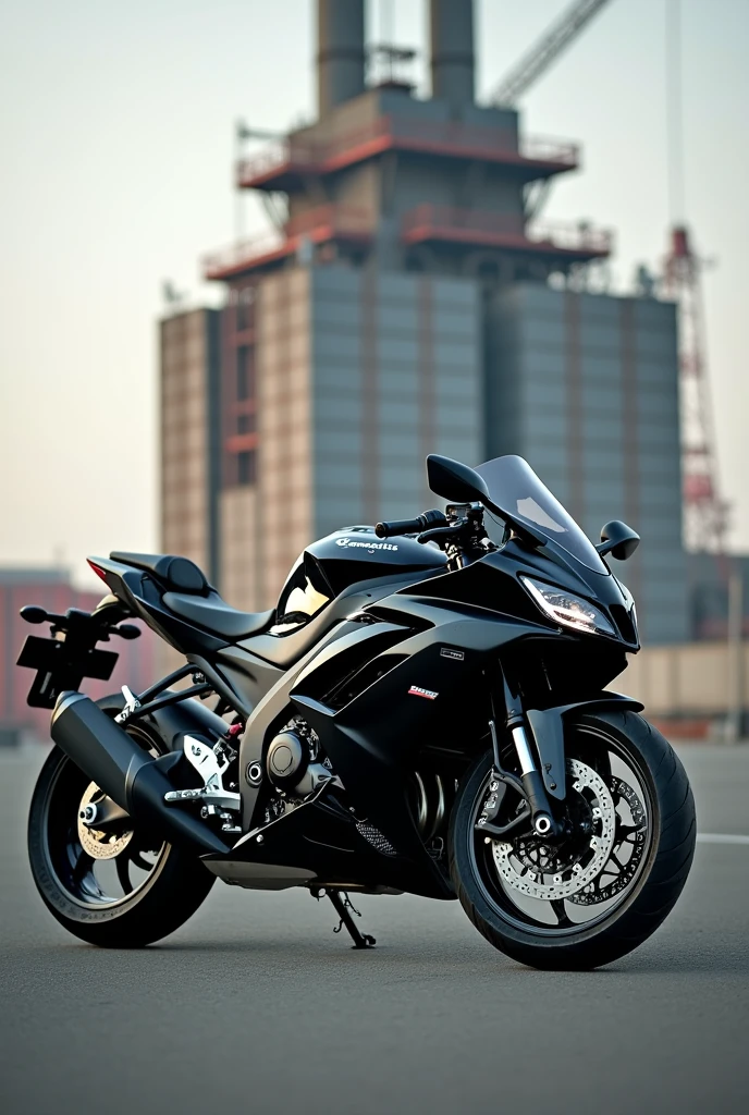 A Kawasaki ninja H2r bike stand in a road in black color and in a back big building was hear