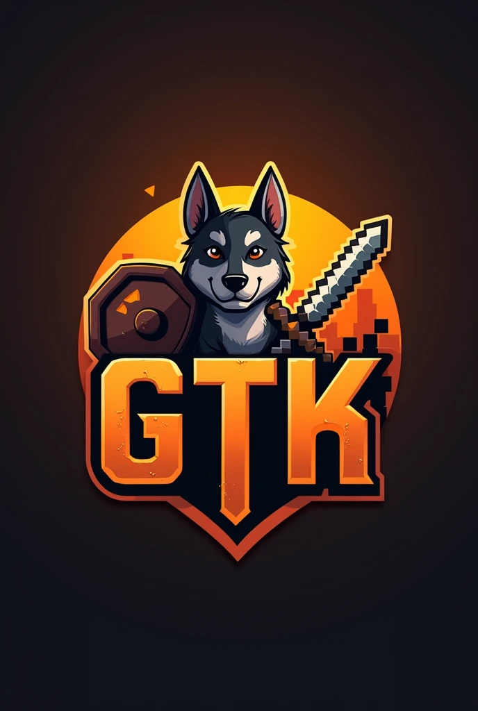 Make an animated logo for a Minecraft clan with the following GTK letters but put the T in black and make the G and K orange, just the T in black and the G and K orange, just put a dog and netherite sword and shield in the background of the world background