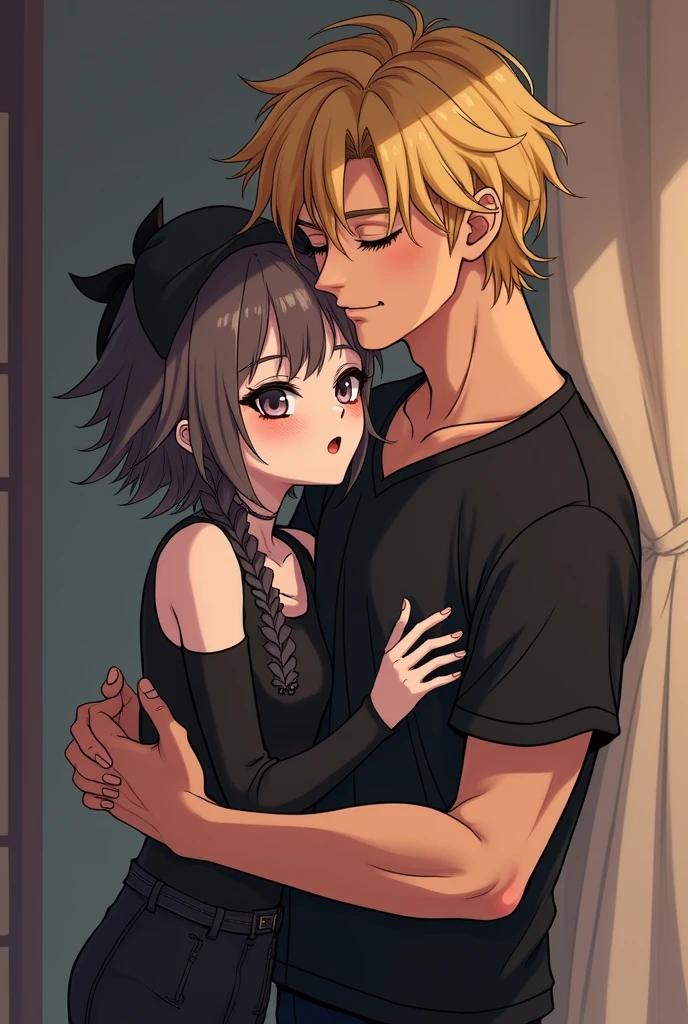 A very cute goth femboy boy with his strong blond boyfriend, they are very much in love with each other, The two spend a lot of time together and like to cuddle all the time., they are both approximately 2, the femboy boy is very much in love, Image made with anime lines