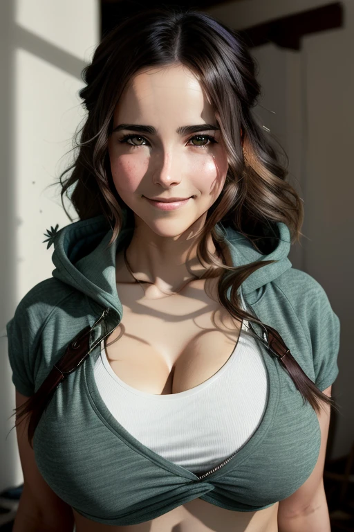 a photo of cvv2, portrait photo of beautiful woman wearing hoodie, smiling, high cut tshirt, white t shirt, covering clothes, modest, breast covered, portrait, modelshoot style, cozy living room, (extremely detailed CG unity 8k wallpaper), photo of the most beautiful artwork in the world, professional majestic oil painting by Ed Blinkey, Atey Ghailan, Studio Ghibli, by Jeremy Mann, Greg Manchess, Antonio Moro, trending on ArtStation, trending on CGSociety, Intricate, High Detail, Sharp focus, dramatic, photorealistic painting art by midjourney and greg rutkowski, (glamour), (looking at viewer), (detailed pupils:1.3)