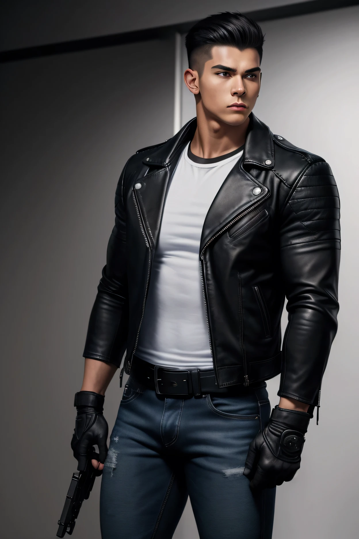 A muscular young man , wearing a white round-neck shirt and a black leather jacket over it, wearing blue jeans, black motorcycle gloves, a black belt, and black combat boots and a holster strap for a handgun on his thigh , Standing with arms crossed in the bathroom. Anime.