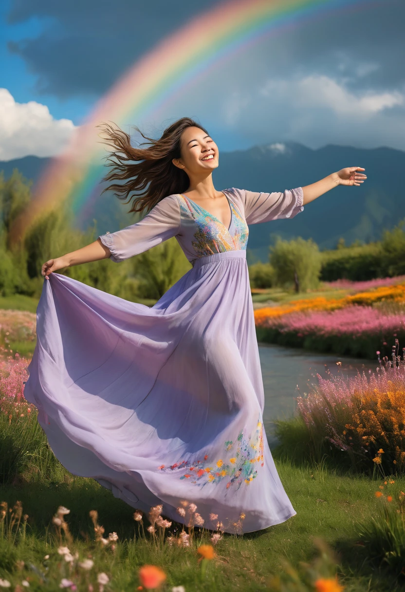 Main Subject: Happy Woman
Woman Design:
The woman is depicted in her mid-20s to early 30s, radiating joy and contentment. She’s wearing a flowing dress that moves gracefully with her, as if caught in a gentle breeze. The dress could be in soft, pastel colors like lavender, light blue, or peach, complementing the serene environment around her.
Her hair, whether long or short, flows naturally, with a few strands gently lifted by the wind. She has a bright, genuine smile, and her posture is relaxed, perhaps with her arms outstretched or holding the edges of her dress, as if she’s twirling in delight.
The overall expression of the woman is one of pure happiness and freedom, fully embracing the beauty of the Shangri-La around her.
Setting: Shangri-La
Landscape Design:
The setting is a lush, vibrant paradise, filled with rich greenery, colorful flowers, and majestic mountains in the background. The landscape is a mix of soft rolling hills, clear streams, and meadows that seem to stretch infinitely.
The vegetation is abundant, with a variety of trees, including tall, elegant willows and blossoming cherry trees, whose petals are gently drifting through the air. The ground is covered in soft grass, dotted with wildflowers in every color of the rainbow.
The sky is a brilliant blue, with a few fluffy white clouds scattered across it. The sun is shining brightly, casting a warm, golden light over the entire scene, making the colors of the landscape even more vivid.
Rainbow
Rainbow Design:
A vibrant, multi-colored rainbow arcs gracefully across the sky, starting from one side of the landscape and extending to the other. The colors of the rainbow are bright and clear, with each band of color distinctly visible.
The rainbow is slightly translucent, allowing the beauty of the Shangri-La to be seen through it, creating a magical and ethereal effect. It adds a sense of wonder and fantasy to the scene, as