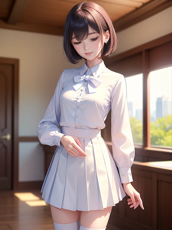 (masterpiece、Highest quality:1.7)、(:1.5)、(Above the knee shot:1.5)、Bobcut、Black Hair、85mm、16K、Official Art、RAW Photos、Best Beautiful Faces、Close-up、Violet、Gardenia、((The best beautiful girl、very cute))、Red blush on cheeks、indoor、(Are standing:1.8)、Film Grain、Chromatic Aberration、Sharp Focus、(((Nice hands、Perfect hands、Perfect Fingers、Thin and delicate fingers、A perfect body without flaws)))、Detailed face、(Slender body:1.5)、(Slender body:1.4)、(Small breasts:1.9)、(Let your bangs hang down:1.8)、(Blushing:1.8)、(Low contrast lighting:1.2)、(White tight business blouse with collar:1.5)、(White bow tie blouse:1.3)、(Long sleeve: 1.5)、(A very short white pleated mini skirt:1.5)、(Eyes closed:1.5)、back shot,(leaning forward:1.1)